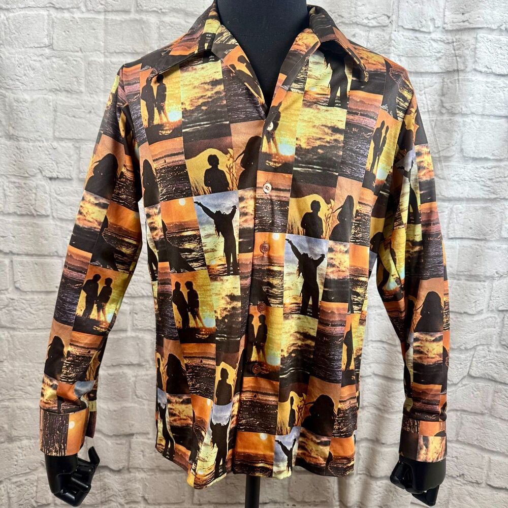 Vtg 70s Kmart Photo Print Disco Men's Large Shirt Sunset Beach Summer Love Beach